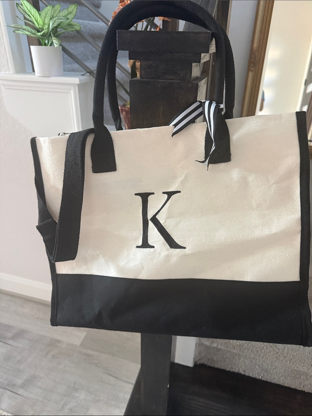 Monogram K Canvas Tote Bag in Black and Cream